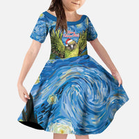 Personalised Jumping Kakapo Christmas Family Matching Off The Shoulder Long Sleeve Dress and Hawaiian Shirt New Zealand Fern - Starry Night Style LT14 Daughter's Dress Green - Polynesian Pride