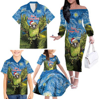 Personalised Jumping Kakapo Christmas Family Matching Off The Shoulder Long Sleeve Dress and Hawaiian Shirt New Zealand Fern - Starry Night Style LT14 - Polynesian Pride