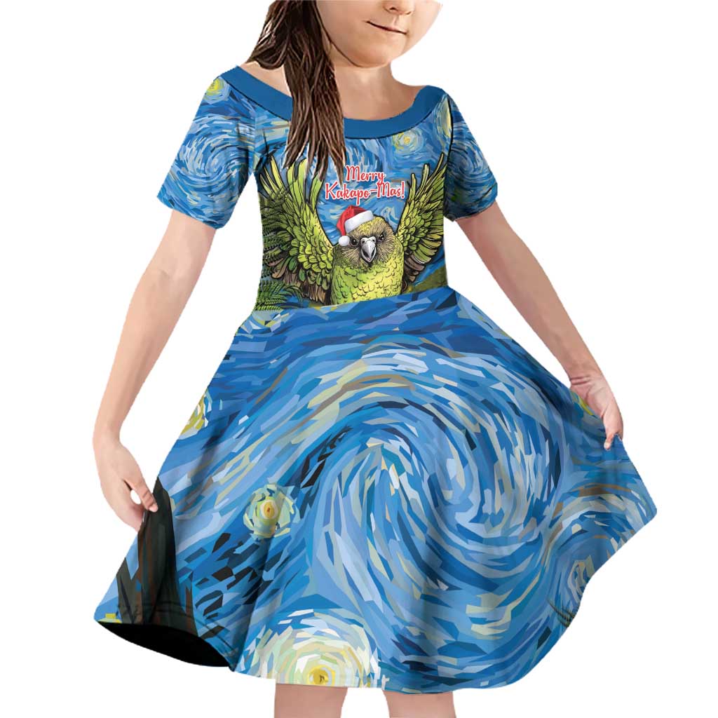 Personalised Jumping Kakapo Christmas Family Matching Off Shoulder Short Dress and Hawaiian Shirt New Zealand Fern - Starry Night Style LT14 Daughter's Dress Green - Polynesian Pride