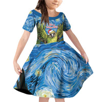 Personalised Jumping Kakapo Christmas Family Matching Off Shoulder Short Dress and Hawaiian Shirt New Zealand Fern - Starry Night Style LT14 Daughter's Dress Green - Polynesian Pride