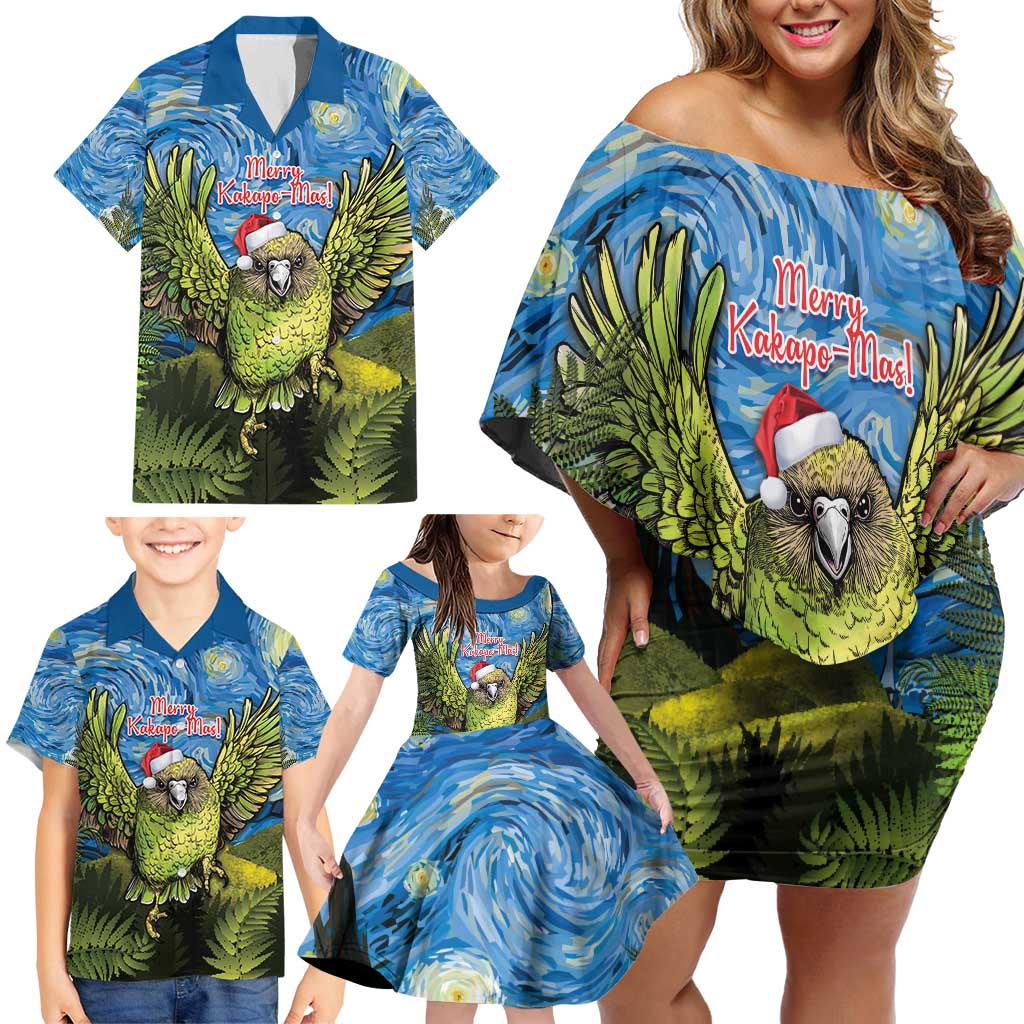 Personalised Jumping Kakapo Christmas Family Matching Off Shoulder Short Dress and Hawaiian Shirt New Zealand Fern - Starry Night Style LT14 - Polynesian Pride