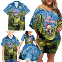 Personalised Jumping Kakapo Christmas Family Matching Off Shoulder Short Dress and Hawaiian Shirt New Zealand Fern - Starry Night Style LT14 - Polynesian Pride