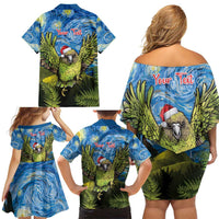 Personalised Jumping Kakapo Christmas Family Matching Off Shoulder Short Dress and Hawaiian Shirt New Zealand Fern - Starry Night Style LT14 - Polynesian Pride