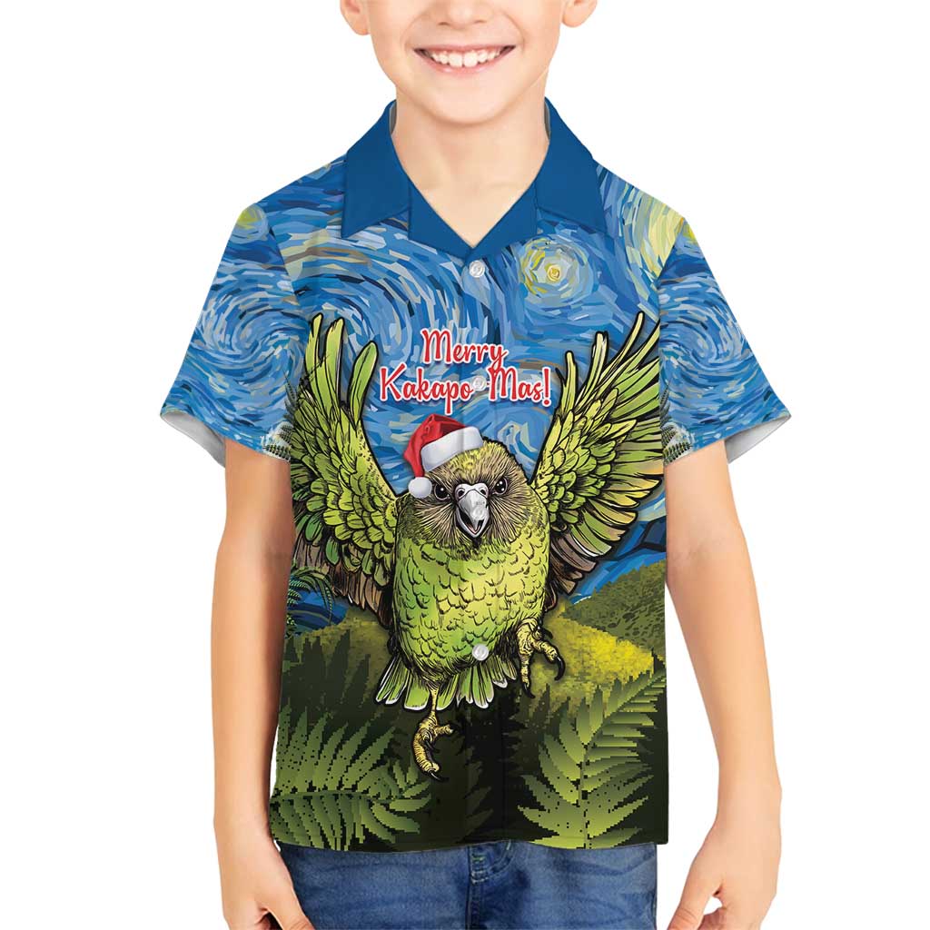 Personalised Jumping Kakapo Christmas Family Matching Off Shoulder Short Dress and Hawaiian Shirt New Zealand Fern - Starry Night Style LT14 Son's Shirt Green - Polynesian Pride