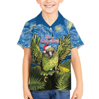 Personalised Jumping Kakapo Christmas Family Matching Off Shoulder Short Dress and Hawaiian Shirt New Zealand Fern - Starry Night Style LT14 Son's Shirt Green - Polynesian Pride