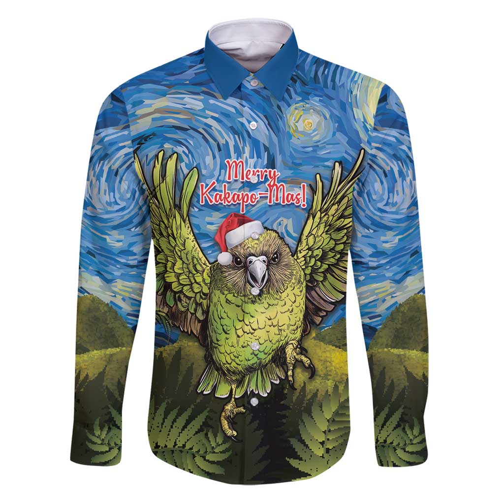 Personalised Jumping Kakapo Christmas Family Matching Puletasi and Hawaiian Shirt New Zealand Fern - Starry Night Style LT14 Dad's Shirt - Long Sleeve Green - Polynesian Pride