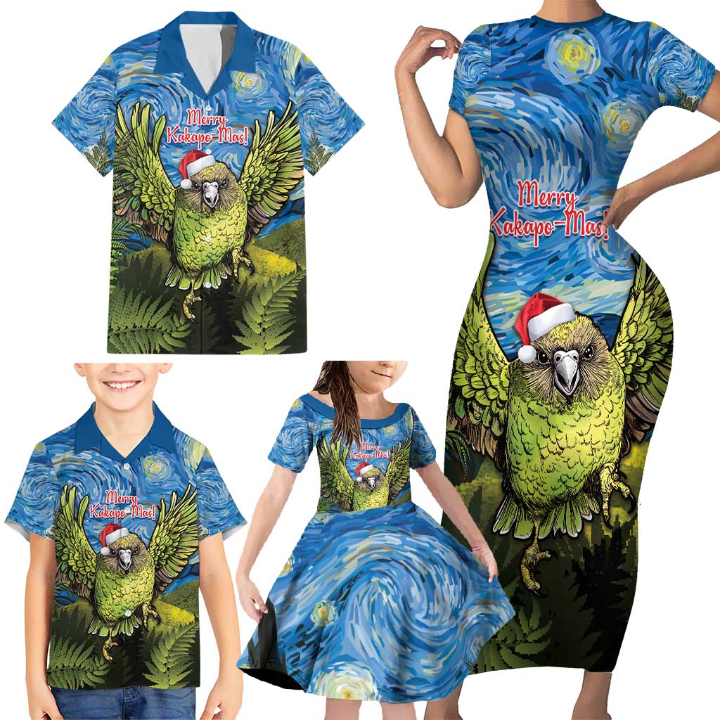 Personalised Jumping Kakapo Christmas Family Matching Short Sleeve Bodycon Dress and Hawaiian Shirt New Zealand Fern - Starry Night Style LT14 - Polynesian Pride
