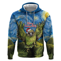 Personalised Jumping Kakapo Christmas Hoodie New Zealand Fern - Starry Night Style LT14 Pullover Hoodie Green - Polynesian Pride