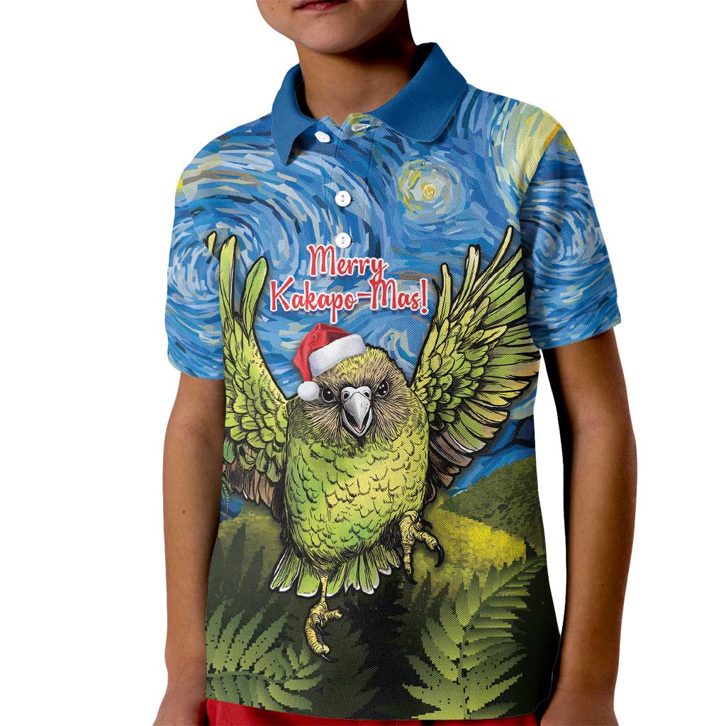 Personalised Jumping Kakapo Christmas Kid Polo Shirt New Zealand Fern - Starry Night Style LT14 Kid Green - Polynesian Pride