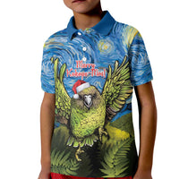 Personalised Jumping Kakapo Christmas Kid Polo Shirt New Zealand Fern - Starry Night Style LT14 Kid Green - Polynesian Pride