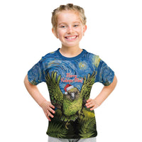 Personalised Jumping Kakapo Christmas Kid T Shirt New Zealand Fern - Starry Night Style LT14 Green - Polynesian Pride