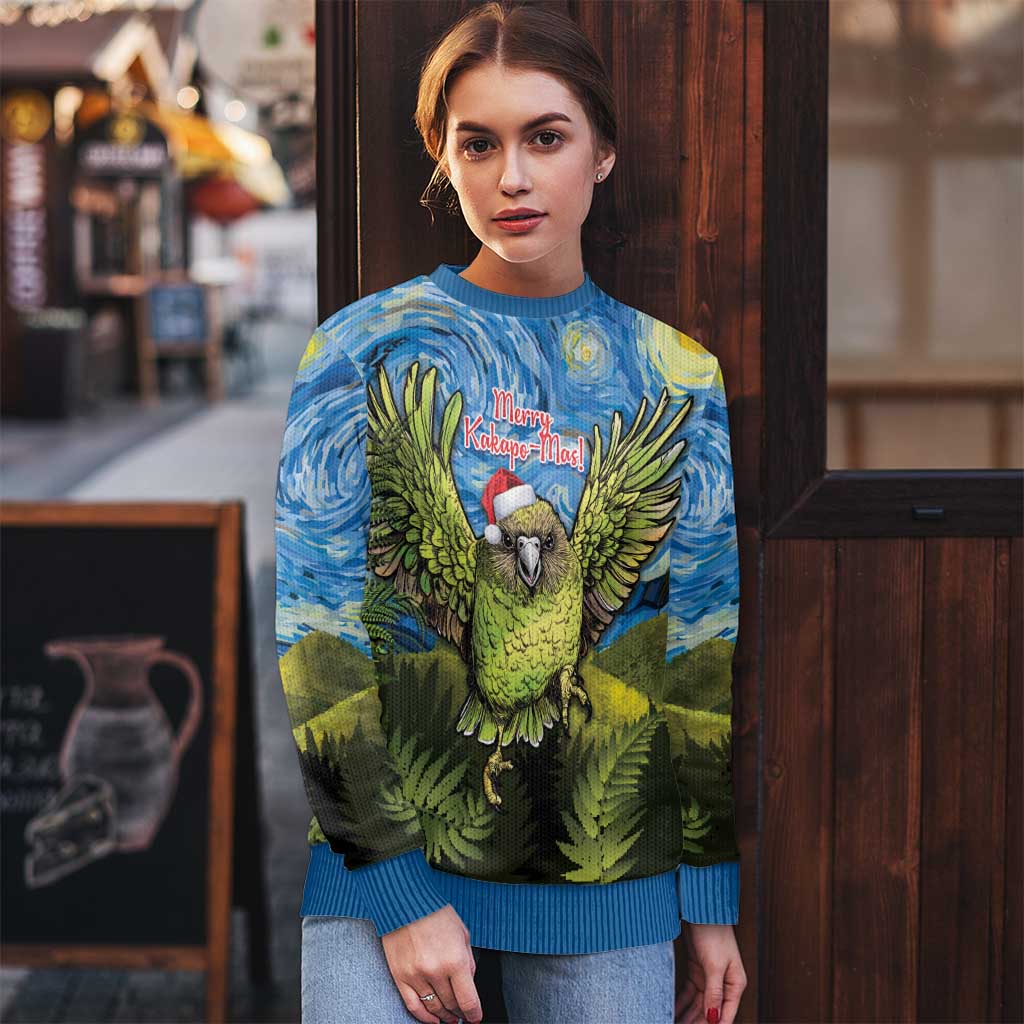 Personalised Jumping Kakapo Christmas Ugly Christmas Sweater New Zealand Fern - Starry Night Style LT14 - Polynesian Pride