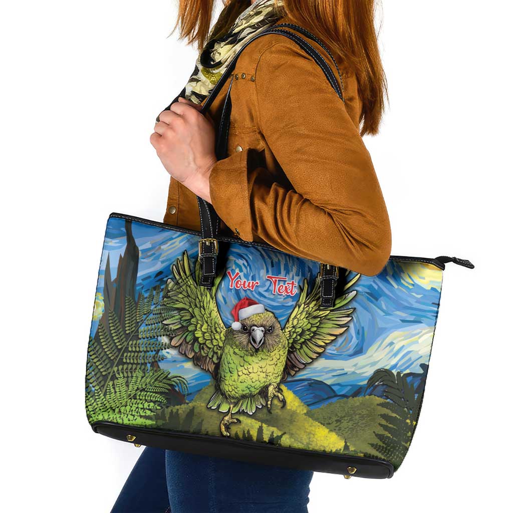 Personalised Jumping Kakapo Christmas Leather Tote Bag New Zealand Fern - Starry Night Style LT14 Green - Polynesian Pride