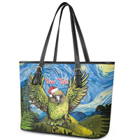 Personalised Jumping Kakapo Christmas Leather Tote Bag New Zealand Fern - Starry Night Style LT14 - Polynesian Pride