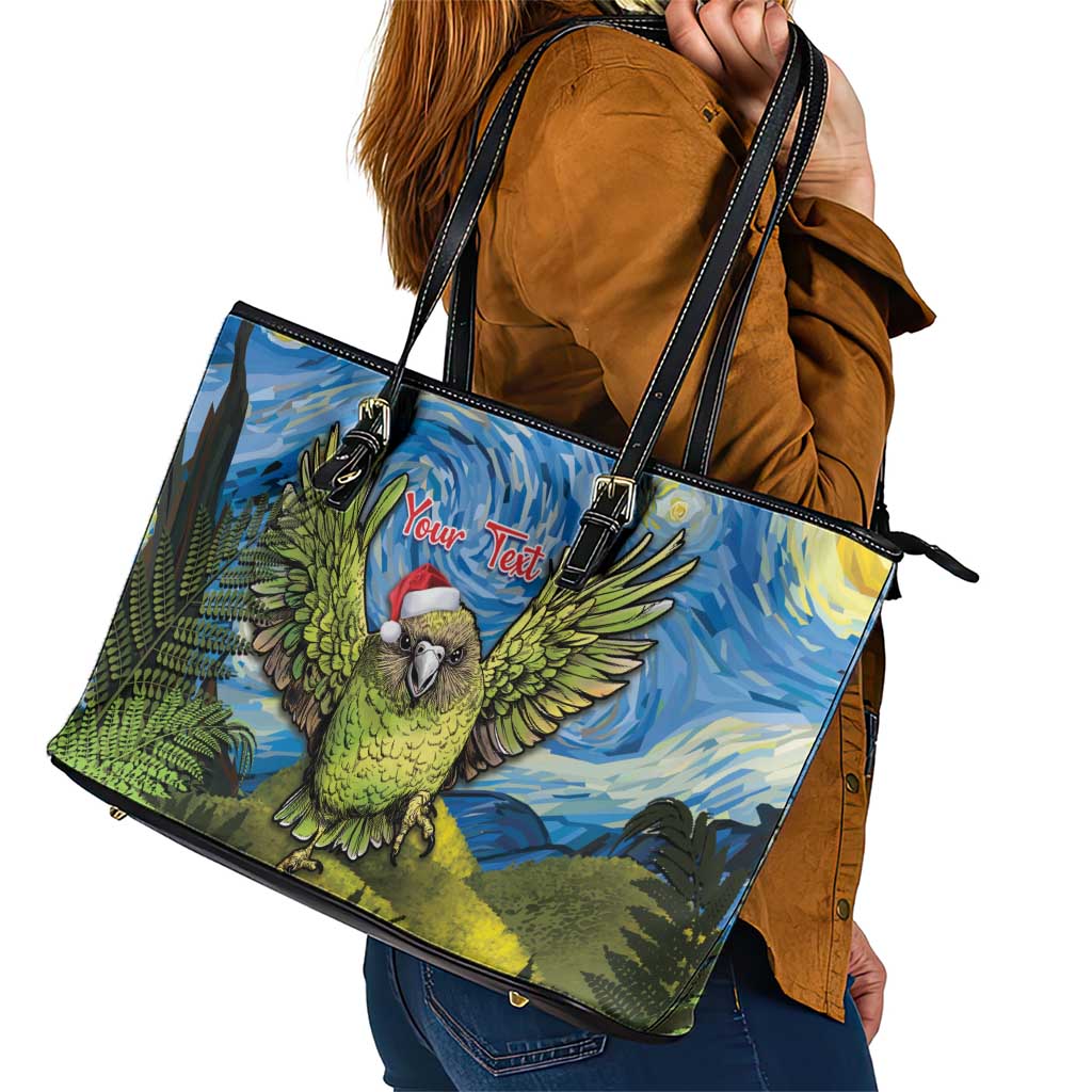 Personalised Jumping Kakapo Christmas Leather Tote Bag New Zealand Fern - Starry Night Style LT14 - Polynesian Pride