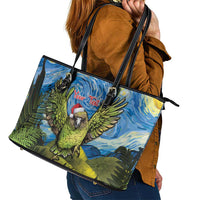 Personalised Jumping Kakapo Christmas Leather Tote Bag New Zealand Fern - Starry Night Style LT14 - Polynesian Pride