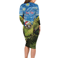 Personalised Jumping Kakapo Christmas Long Sleeve Bodycon Dress New Zealand Fern - Starry Night Style LT14 - Polynesian Pride
