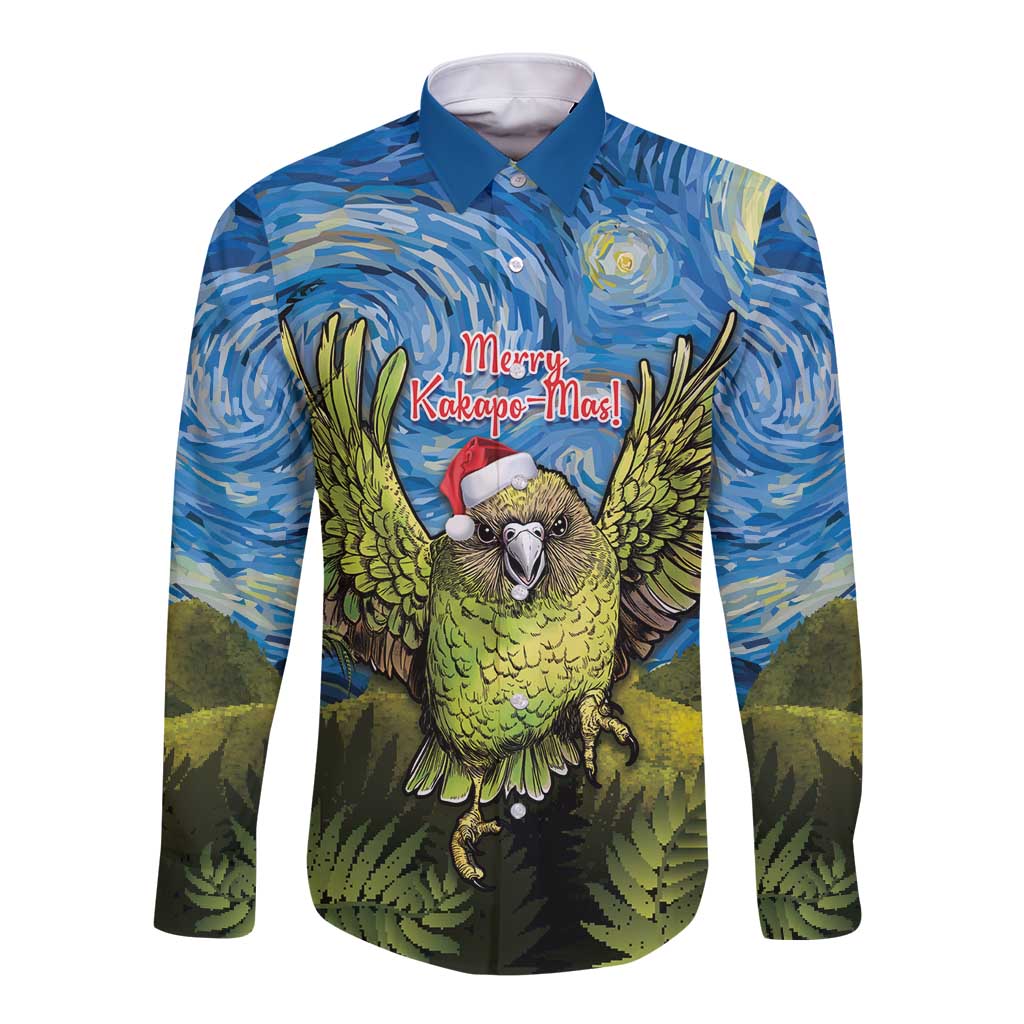 Personalised Jumping Kakapo Christmas Long Sleeve Button Shirt New Zealand Fern - Starry Night Style LT14 Unisex Green - Polynesian Pride