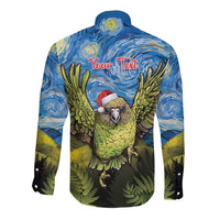 Personalised Jumping Kakapo Christmas Long Sleeve Button Shirt New Zealand Fern - Starry Night Style LT14 - Polynesian Pride