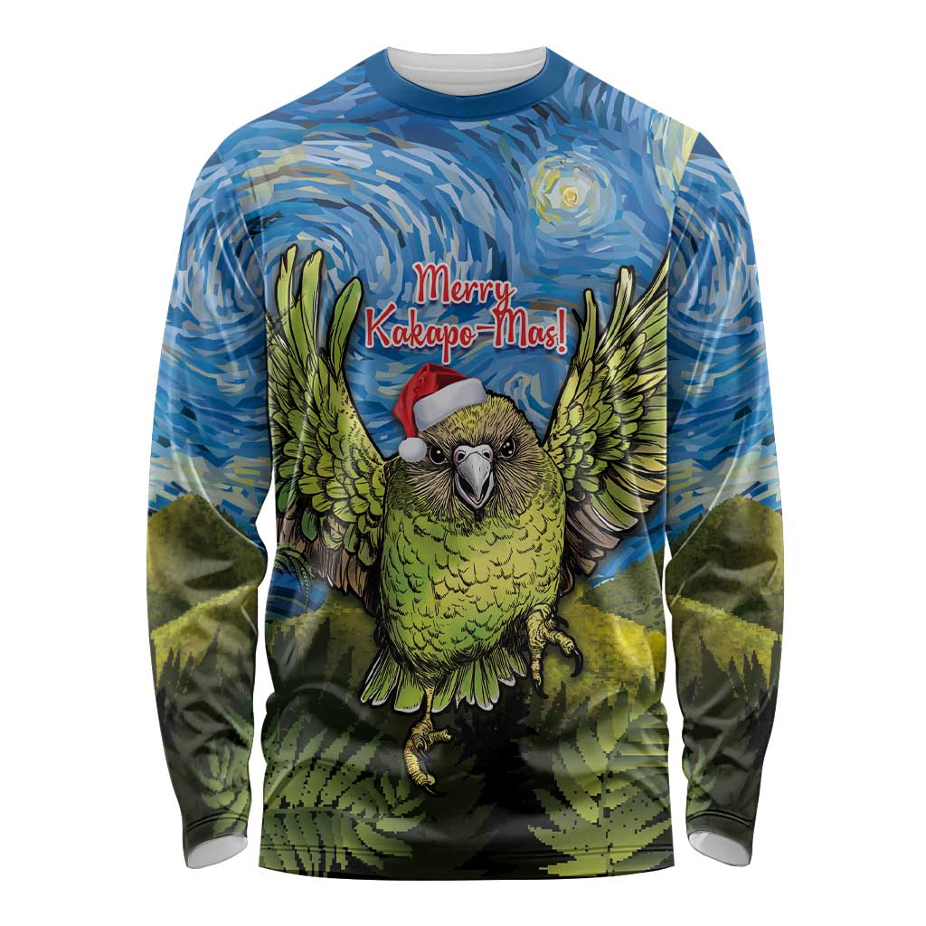 Personalised Jumping Kakapo Christmas Long Sleeve Shirt New Zealand Fern - Starry Night Style LT14 Unisex Green - Polynesian Pride