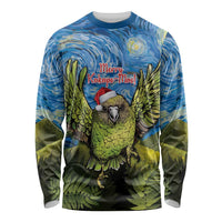 Personalised Jumping Kakapo Christmas Long Sleeve Shirt New Zealand Fern - Starry Night Style LT14 Unisex Green - Polynesian Pride