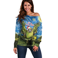Personalised Jumping Kakapo Christmas Off Shoulder Sweater New Zealand Fern - Starry Night Style LT14 Women Green - Polynesian Pride