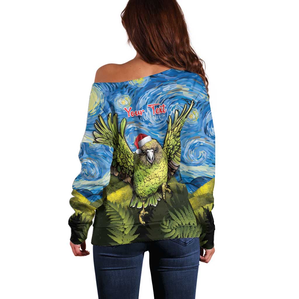 Personalised Jumping Kakapo Christmas Off Shoulder Sweater New Zealand Fern - Starry Night Style LT14 - Polynesian Pride