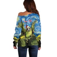Personalised Jumping Kakapo Christmas Off Shoulder Sweater New Zealand Fern - Starry Night Style LT14 - Polynesian Pride