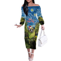 Personalised Jumping Kakapo Christmas Off The Shoulder Long Sleeve Dress New Zealand Fern - Starry Night Style LT14 Women Green - Polynesian Pride