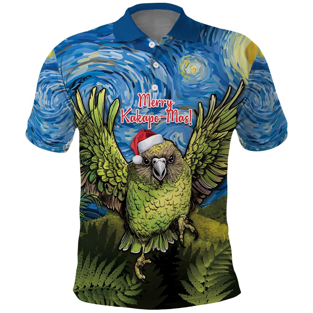 Personalised Jumping Kakapo Christmas Polo Shirt New Zealand Fern - Starry Night Style LT14 Green - Polynesian Pride
