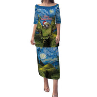 Personalised Jumping Kakapo Christmas Puletasi New Zealand Fern - Starry Night Style LT14 Long Dress Green - Polynesian Pride