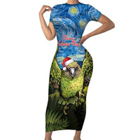 Personalised Jumping Kakapo Christmas Short Sleeve Bodycon Dress New Zealand Fern - Starry Night Style LT14 Long Dress Green - Polynesian Pride