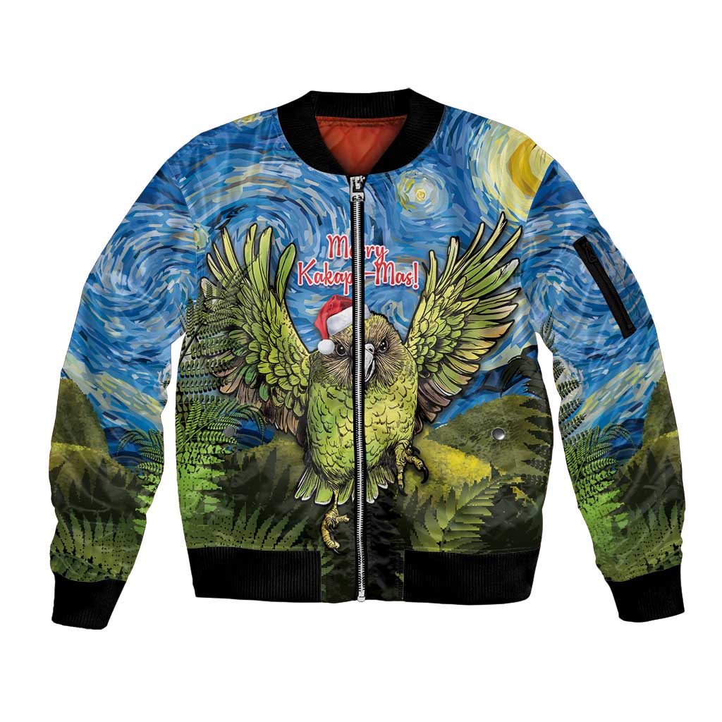 Personalised Jumping Kakapo Christmas Sleeve Zip Bomber Jacket New Zealand Fern - Starry Night Style LT14 Unisex Green - Polynesian Pride