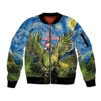 Personalised Jumping Kakapo Christmas Sleeve Zip Bomber Jacket New Zealand Fern - Starry Night Style LT14 Unisex Green - Polynesian Pride