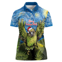 Personalised Jumping Kakapo Christmas Women Polo Shirt New Zealand Fern - Starry Night Style