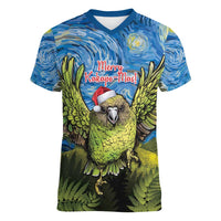Personalised Jumping Kakapo Christmas Women V-Neck T-Shirt New Zealand Fern - Starry Night Style LT14 Female Green - Polynesian Pride