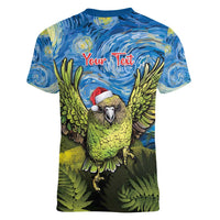 Personalised Jumping Kakapo Christmas Women V-Neck T-Shirt New Zealand Fern - Starry Night Style LT14 - Polynesian Pride