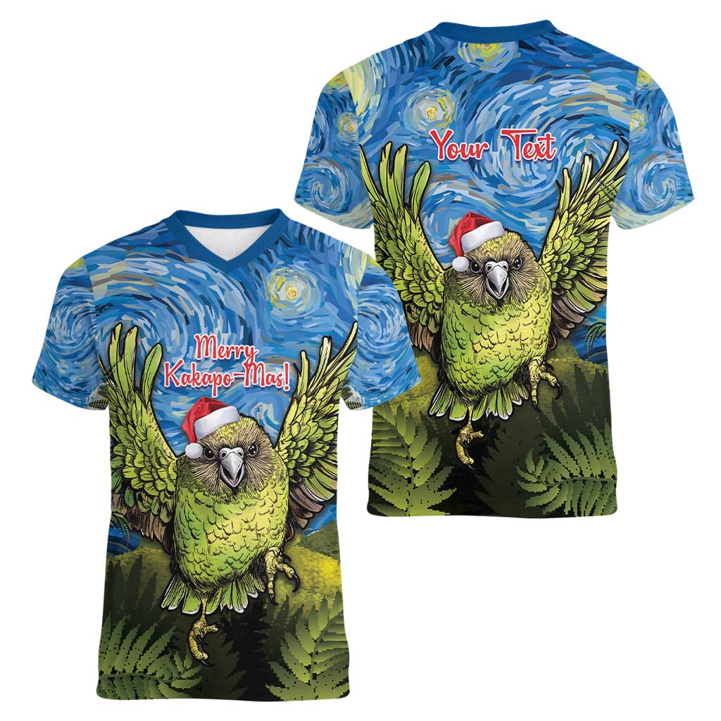 Personalised Jumping Kakapo Christmas Women V-Neck T-Shirt New Zealand Fern - Starry Night Style LT14 - Polynesian Pride