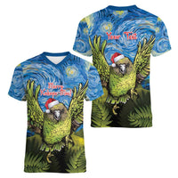 Personalised Jumping Kakapo Christmas Women V-Neck T-Shirt New Zealand Fern - Starry Night Style LT14 - Polynesian Pride