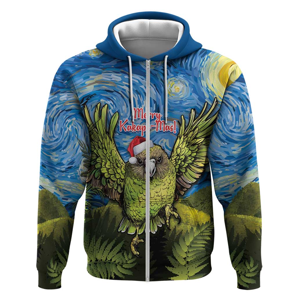 Personalised Jumping Kakapo Christmas Zip Hoodie New Zealand Fern - Starry Night Style LT14 Zip Hoodie Green - Polynesian Pride