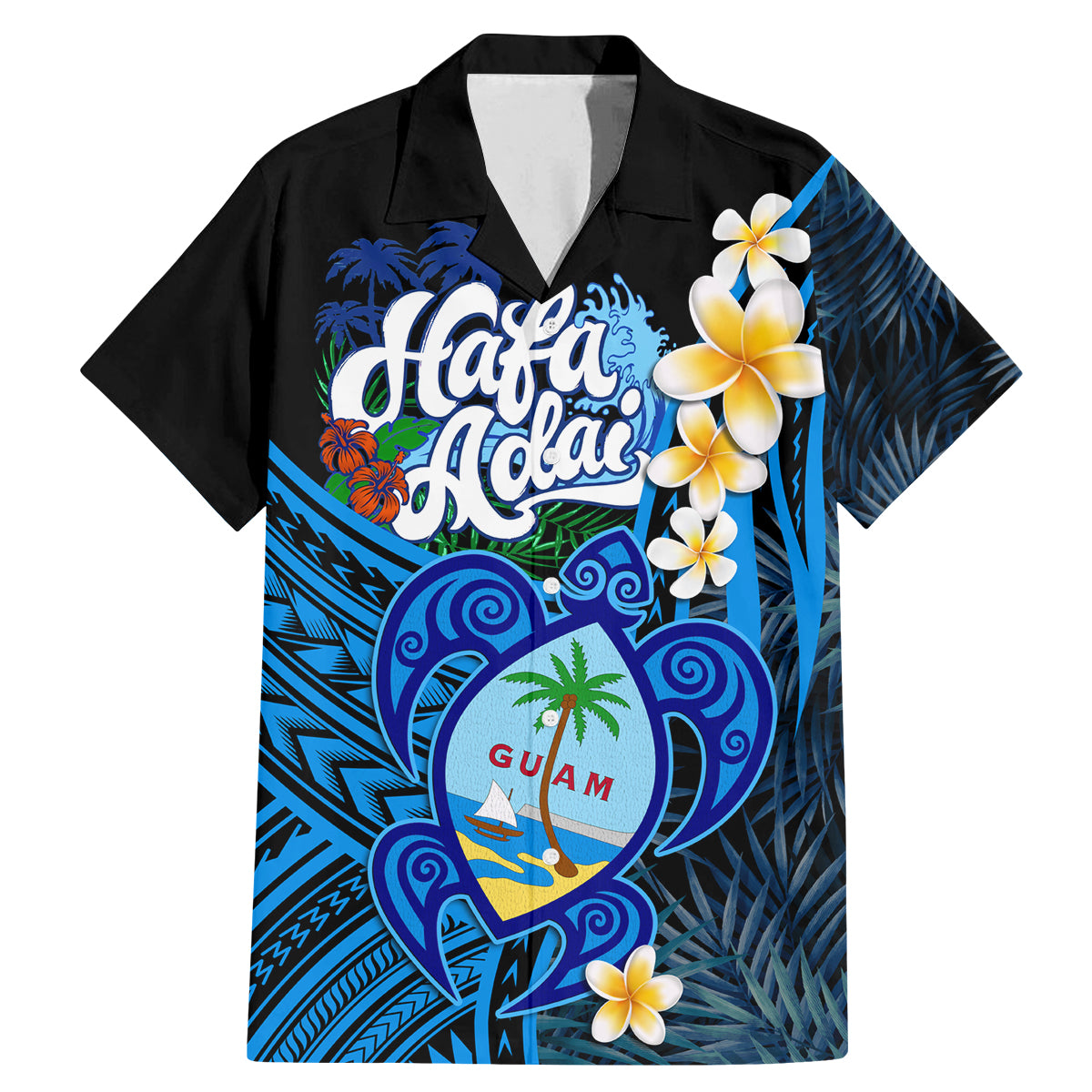 Hafa Adai Guam Family Matching Mermaid Dress and Hawaiian Shirt Guahan Sea Turtle Tropical Style LT14 Dad's Shirt - Short Sleeve Blue - Polynesian Pride