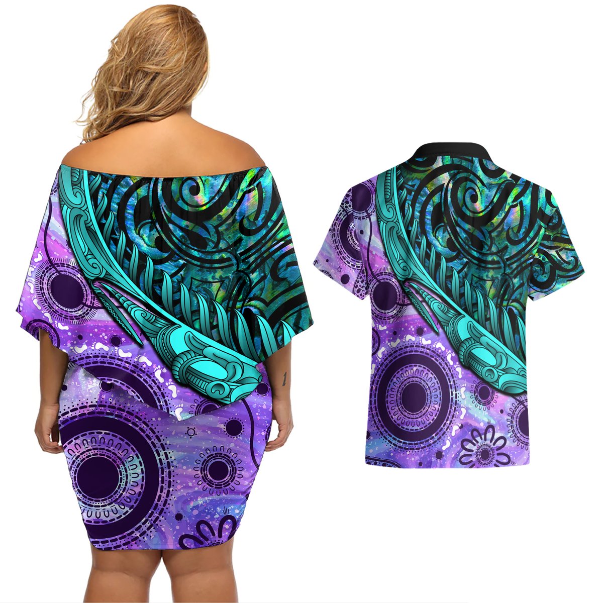 New Zealand Paua Shell With Australia Opal Unique Combine Couples Matching Off Shoulder Short Dress and Hawaiian Shirt LT14 - Polynesian Pride