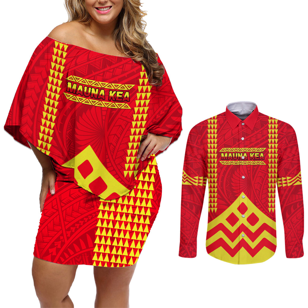 Hawaii Mauna Kea Couples Matching Off Shoulder Short Dress and Long Sleeve Button Shirt Hawaiian Kakau Tribal Pattern LT14 Red - Polynesian Pride
