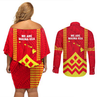Hawaii Mauna Kea Couples Matching Off Shoulder Short Dress and Long Sleeve Button Shirt Hawaiian Kakau Tribal Pattern LT14 - Polynesian Pride