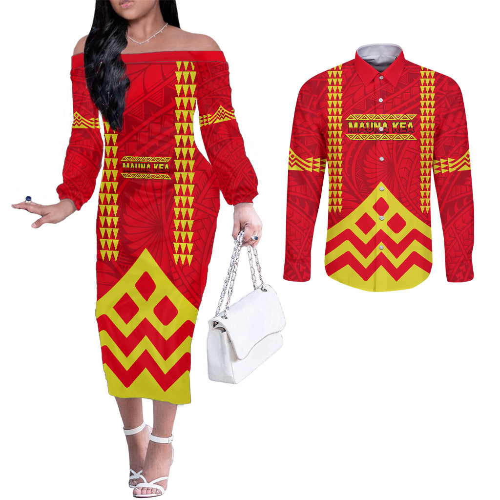 Hawaii Mauna Kea Couples Matching Off The Shoulder Long Sleeve Dress and Long Sleeve Button Shirt Hawaiian Kakau Tribal Pattern LT14 Red - Polynesian Pride