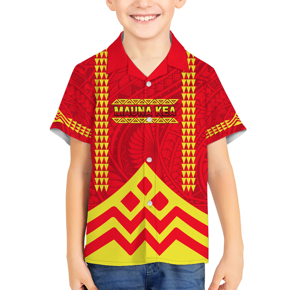 Hawaii Mauna Kea Family Matching Puletasi and Hawaiian Shirt Hawaiian Kakau Tribal Pattern LT14 Son's Shirt Red - Polynesian Pride