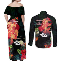 Hawaii Mauna Kea Couples Matching Off Shoulder Maxi Dress and Long Sleeve Button Shirt White Mountain With Nene Tropical Vibes LT14 - Polynesian Pride