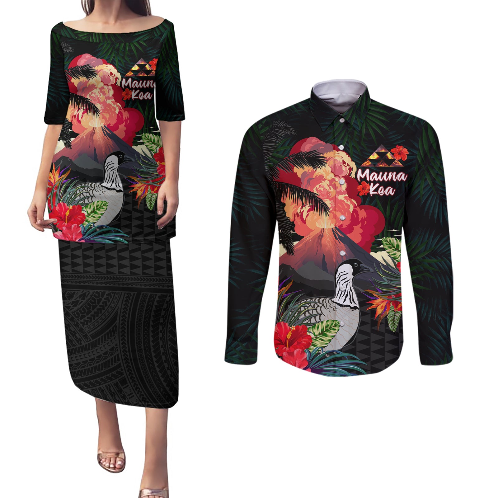 Hawaii Mauna Kea Couples Matching Puletasi and Long Sleeve Button Shirt White Mountain With Nene Tropical Vibes LT14 Black - Polynesian Pride