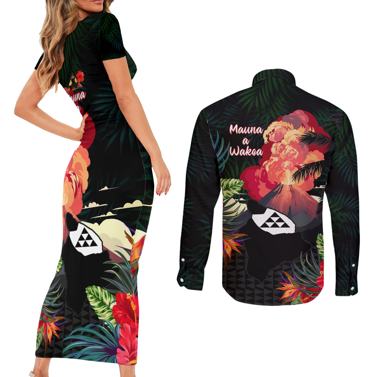 Hawaii Mauna Kea Couples Matching Short Sleeve Bodycon Dress and Long Sleeve Button Shirt White Mountain With Nene Tropical Vibes LT14 - Polynesian Pride