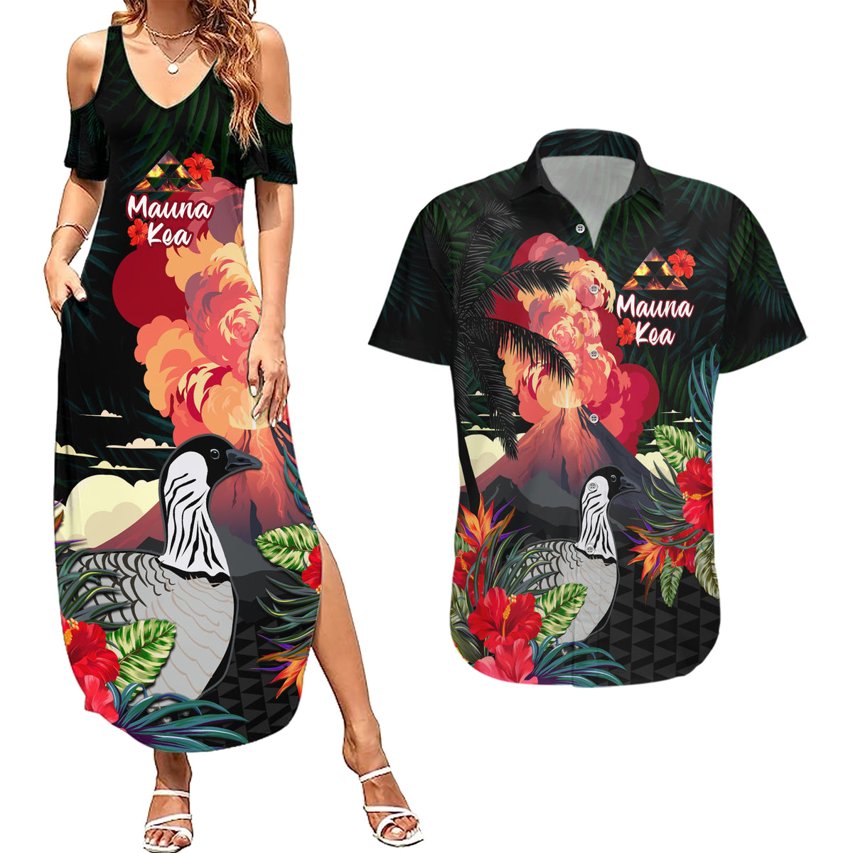 Hawaii Mauna Kea Couples Matching Summer Maxi Dress and Hawaiian Shirt White Mountain With Nene Tropical Vibes LT14 Black - Polynesian Pride